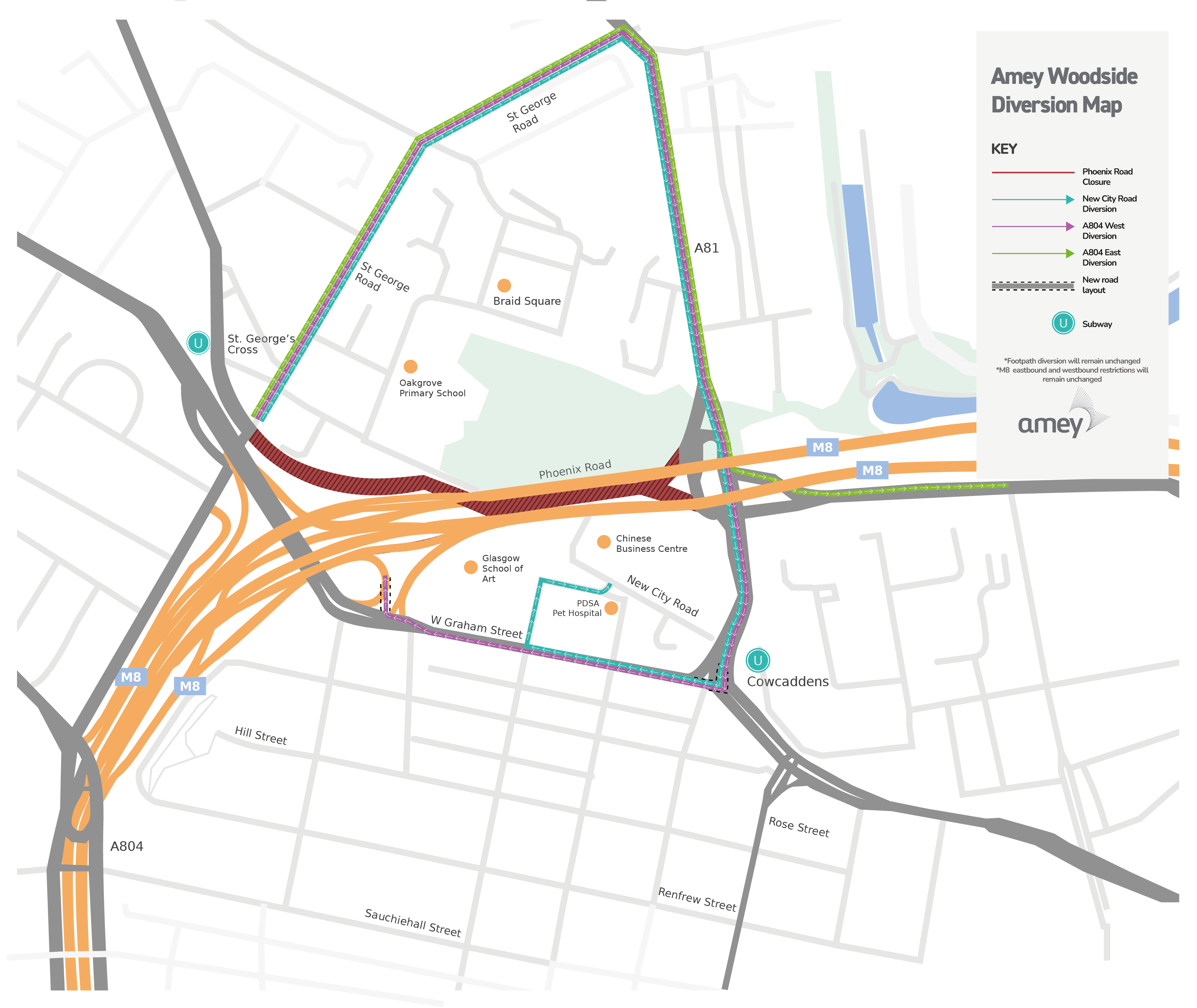 New diversion route map for M8 Woodside works. 